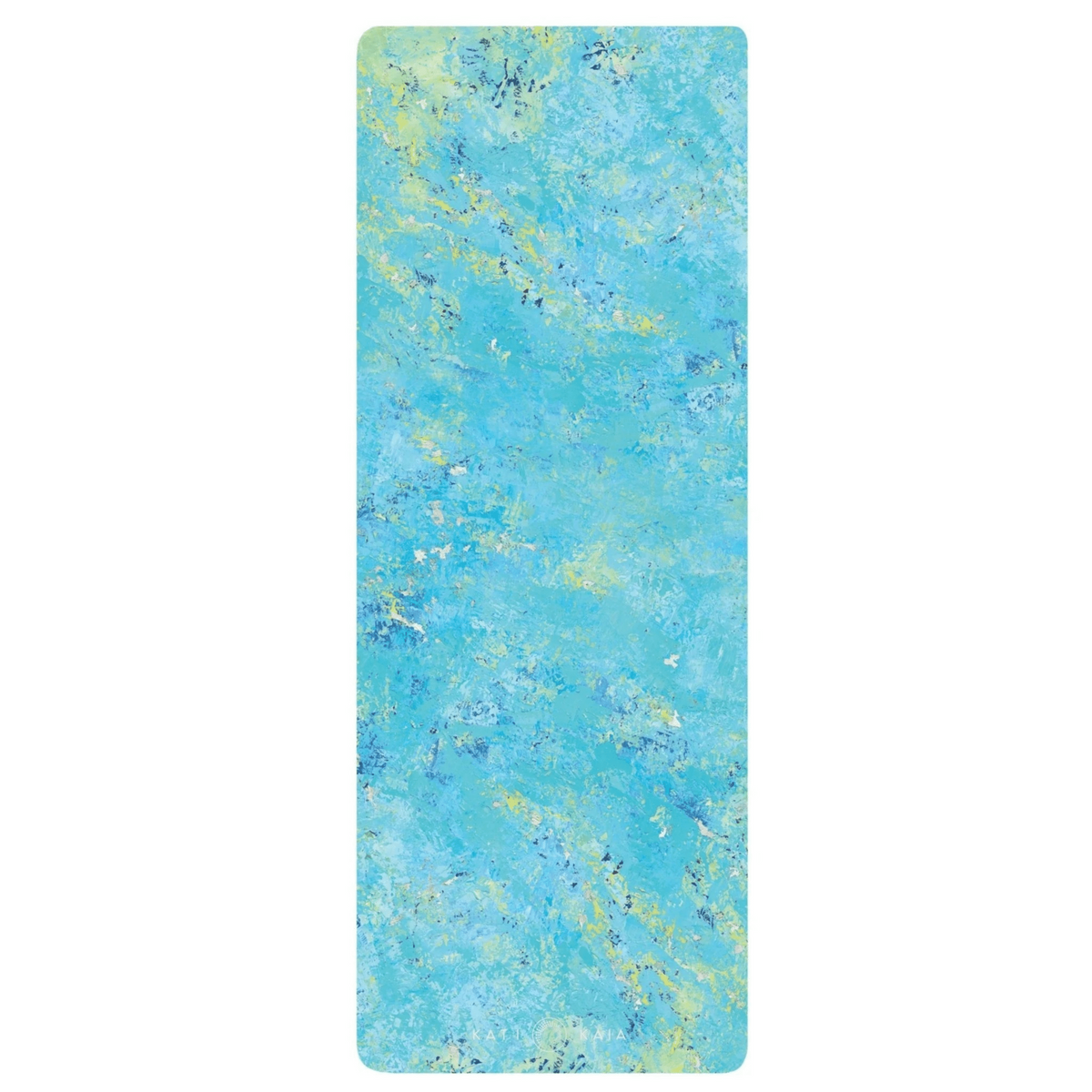 Marble-patterned yoga mat with blue and green colors on a white background